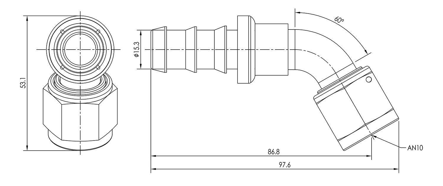 AN10 60° Push Lock Hose End Dimensioned Drawing
