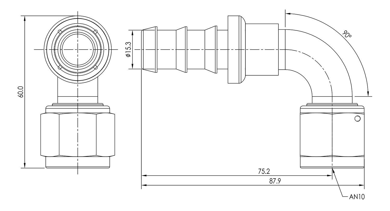 AN10 90° Push Lock Hose End Dimensioned Drawing