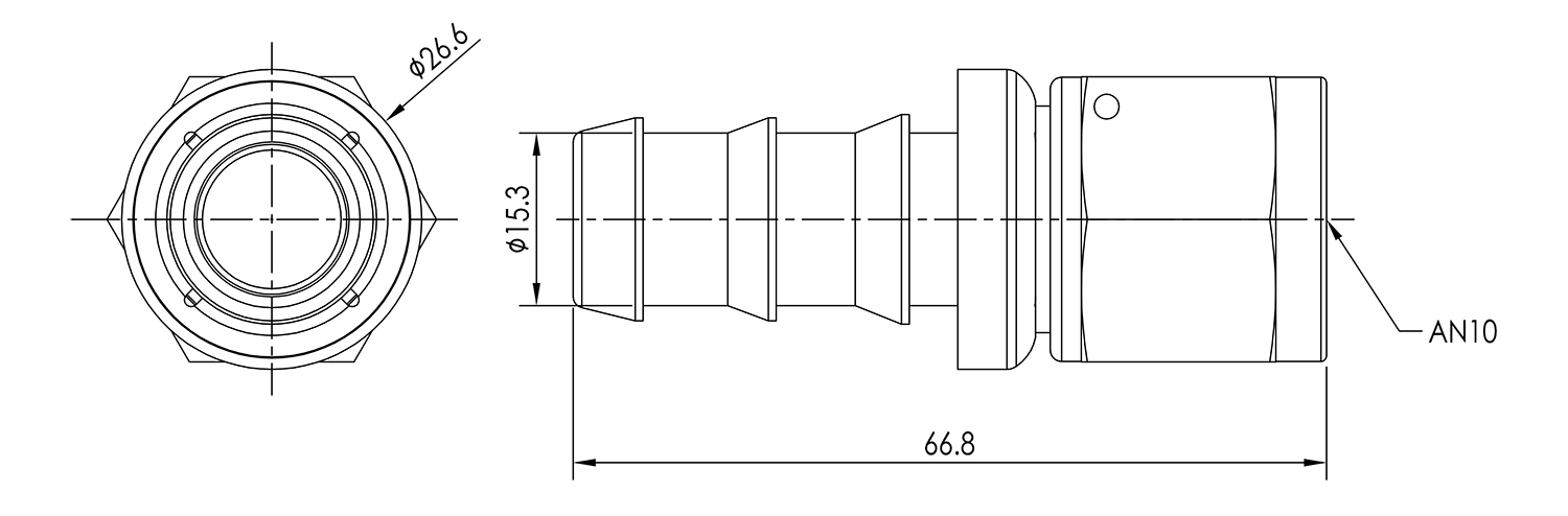 AN10 Straight Push Lock Hose End Dimensioned Drawing