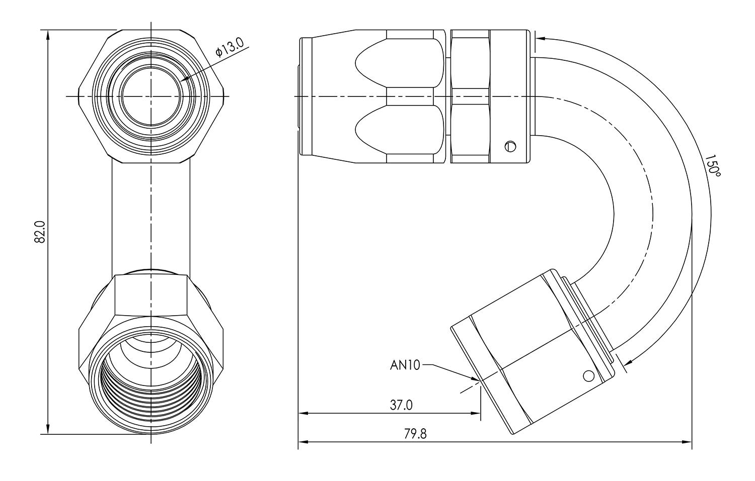 AN10 150° Swivel Seal Hose End Dimensioned Drawing