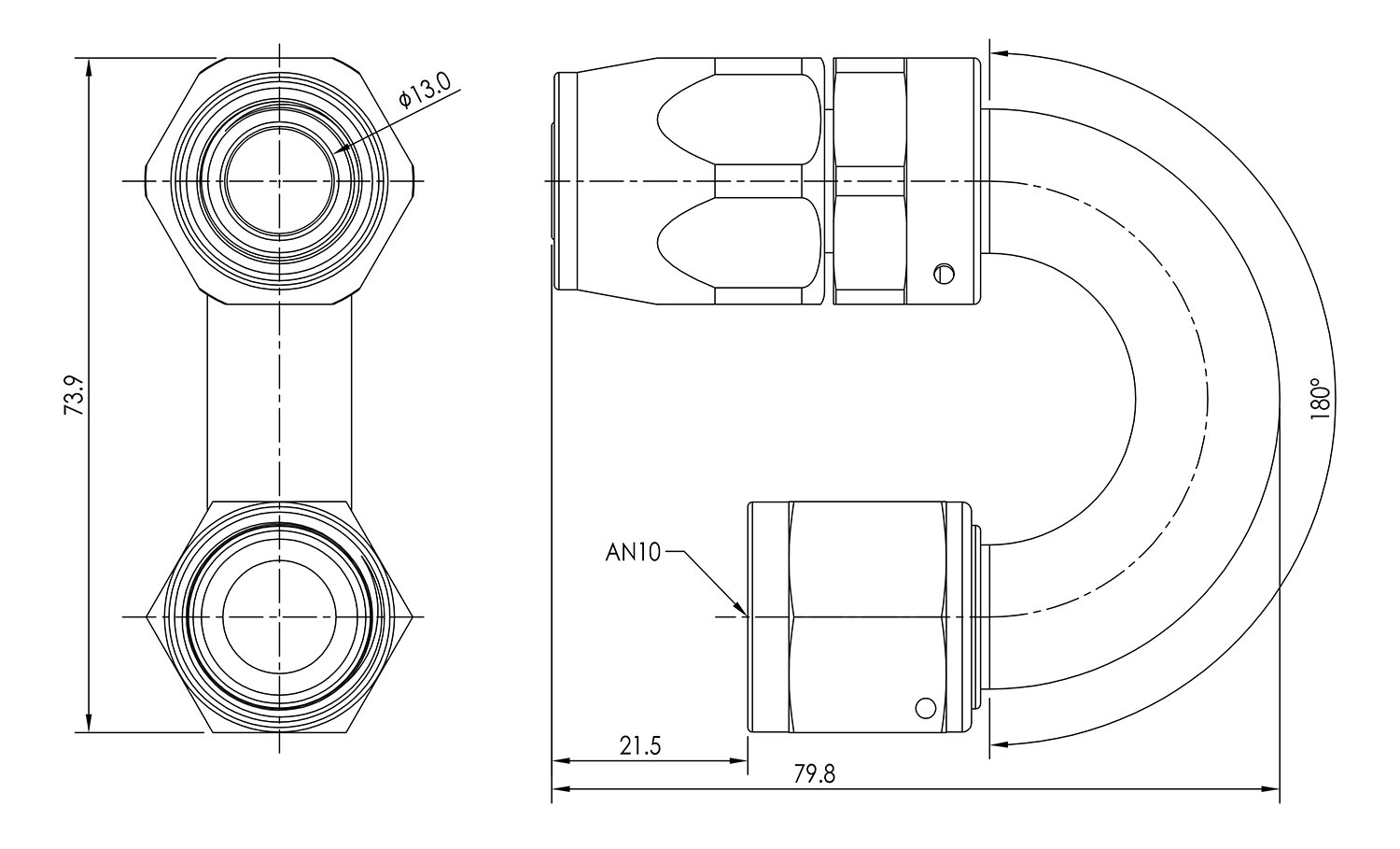 AN10 180° Swivel Seal Hose End Dimensioned Drawing