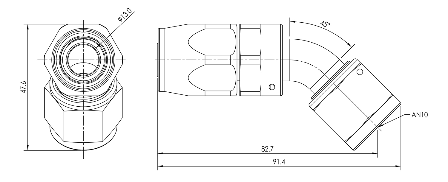 AN10 45° Swivel Seal Hose End Dimensioned Drawing