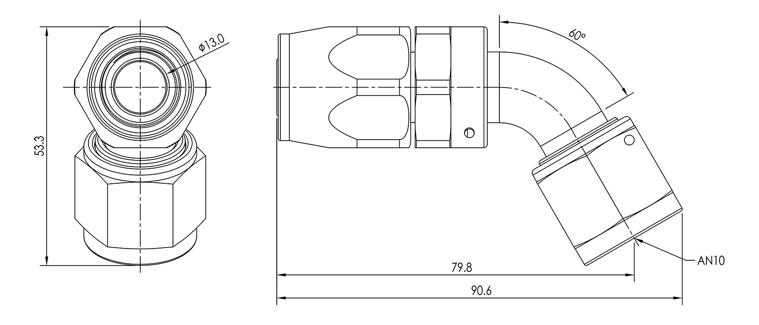 AN10 60° Swivel Seal Hose End Dimensioned Drawing
