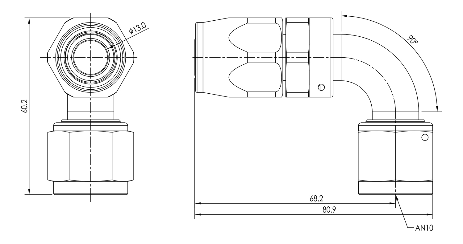 AN10 90° Swivel Seal Hose End Dimensioned Drawing