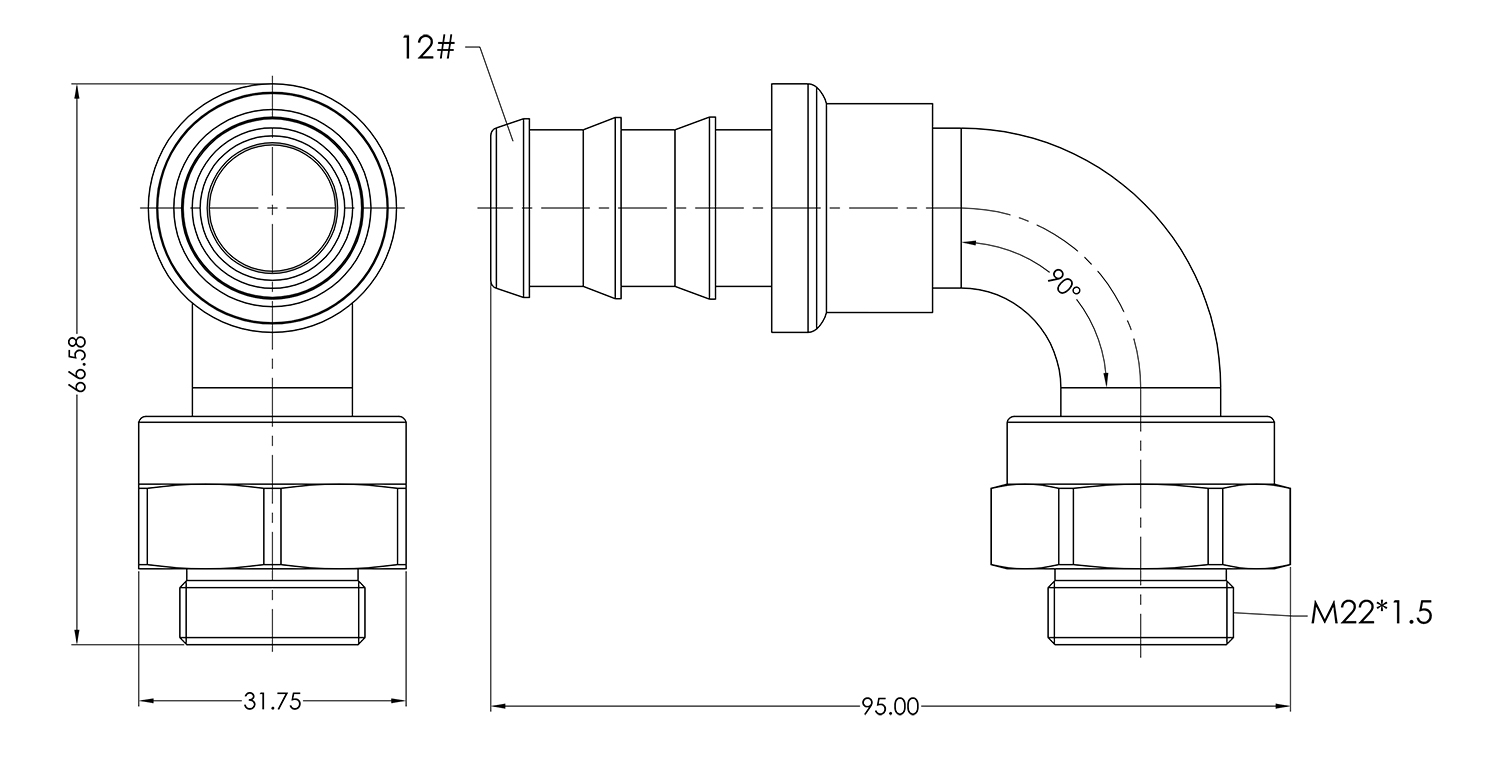 M22 to AN12 90 Push Lock Hose End Dimensions