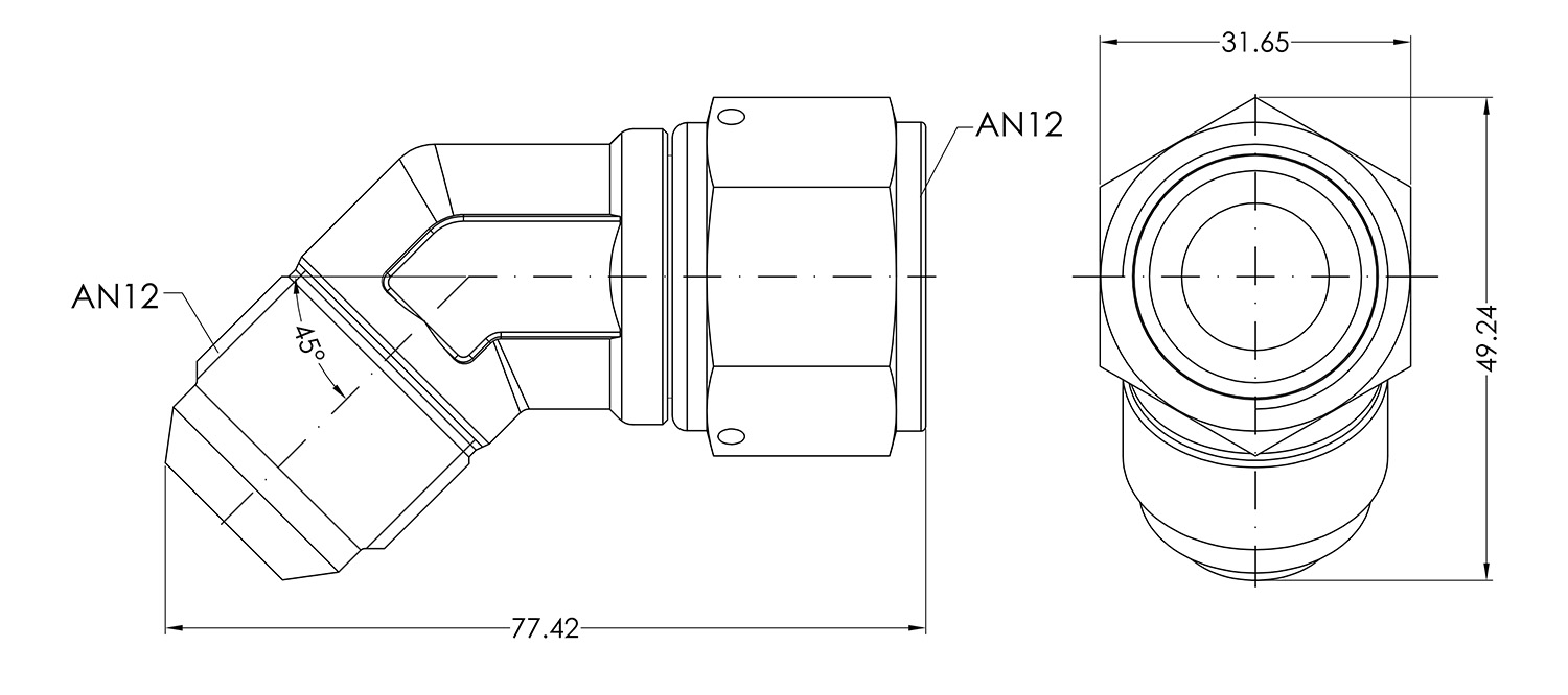 AN12 45° Forged Male to Female Dimensioned Drawing