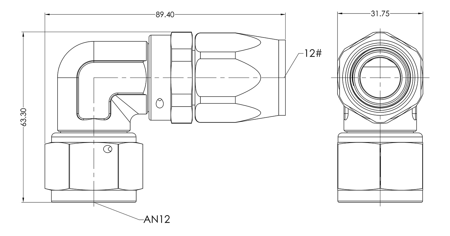 AN12 90° Swivel Seal Dimensioned Drawing