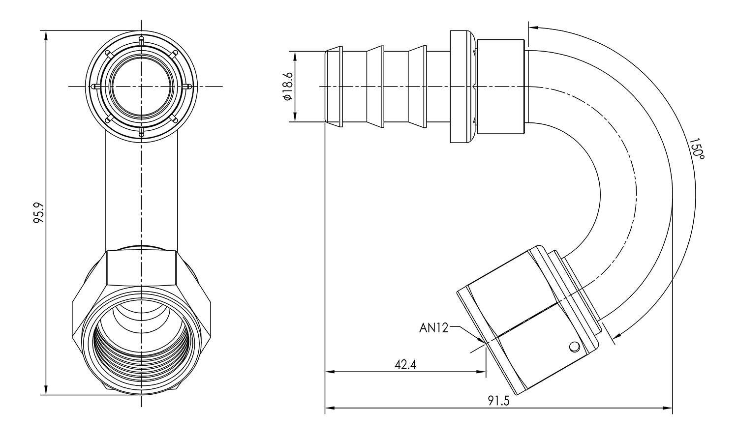 AN12 150° Push Lock Hose End Dimensioned Drawing