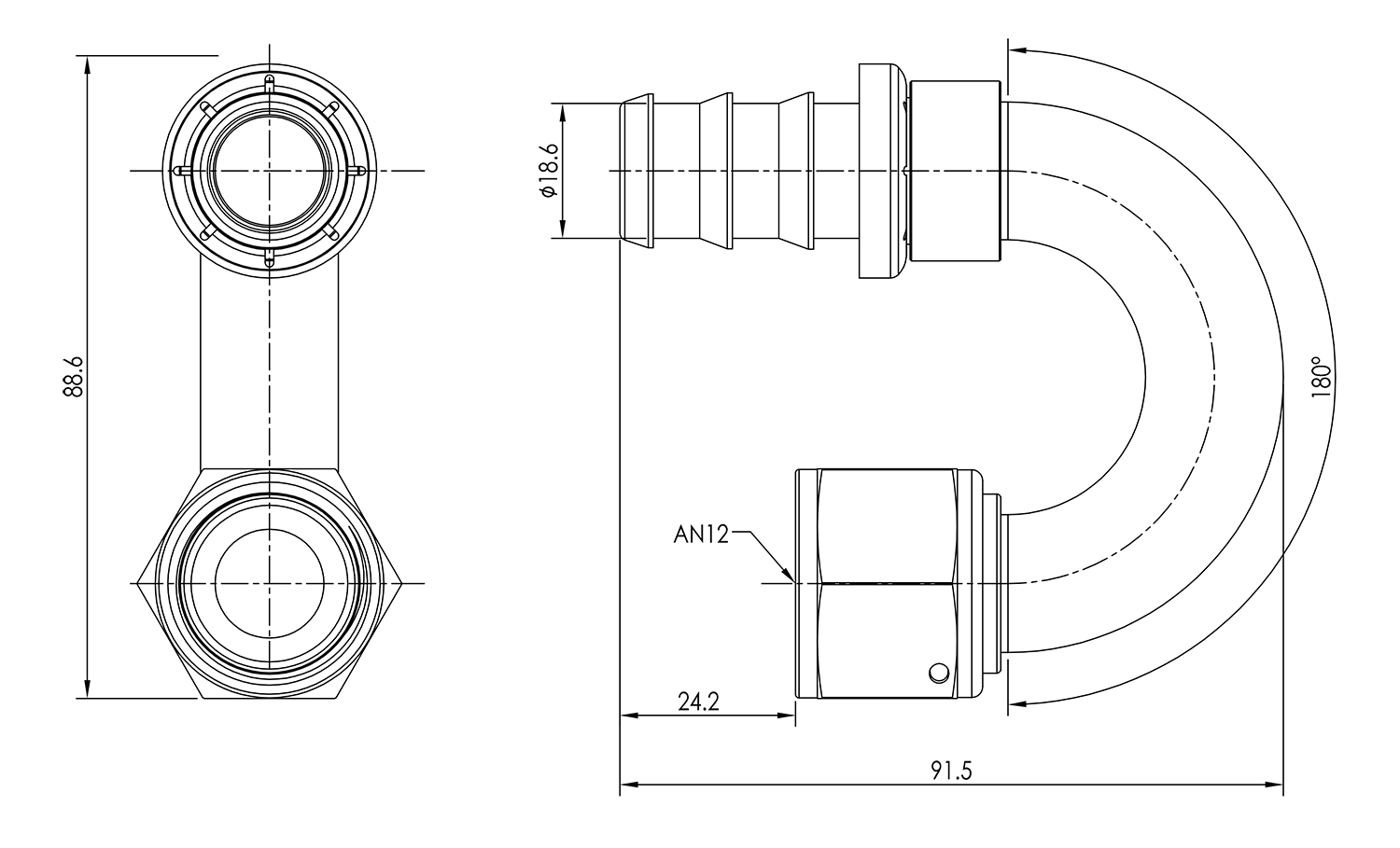 AN12 180° Push Lock Hose End Dimensioned Drawing