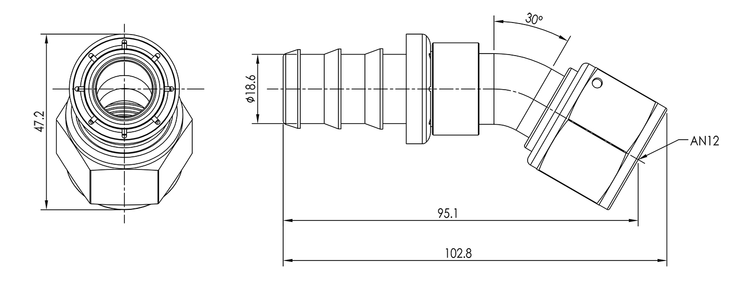 AN12 30° Push Lock Hose End Dimensioned Drawing