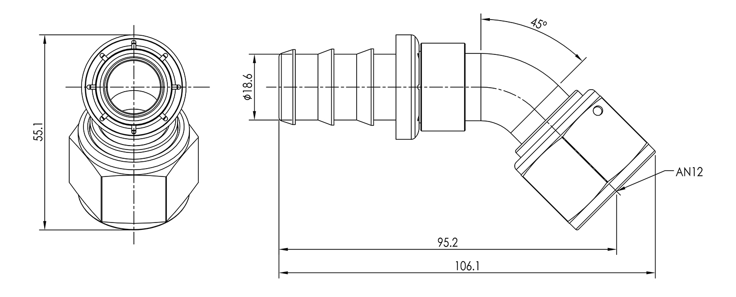 AN12 45° Push Lock Hose End Dimensioned Drawing