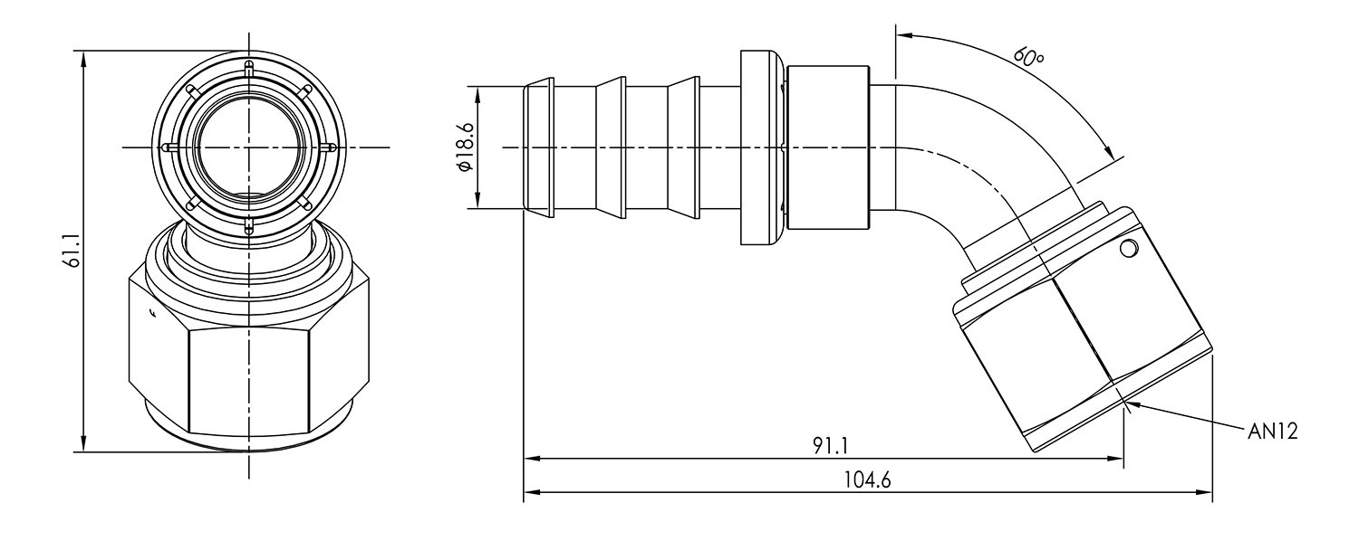 AN12 60° Push Lock Hose End Dimensioned Drawing