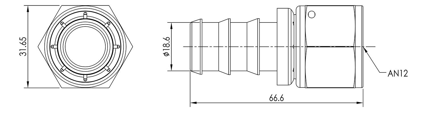 AN12 Straight Push Lock Hose End Dimensioned Drawing