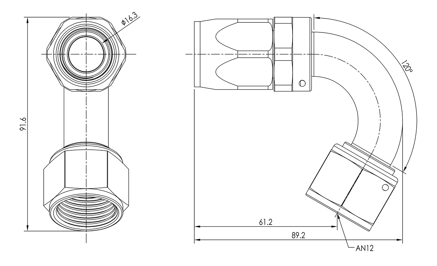 AN12 120° Swivel Seal Hose End Dimensioned Drawing