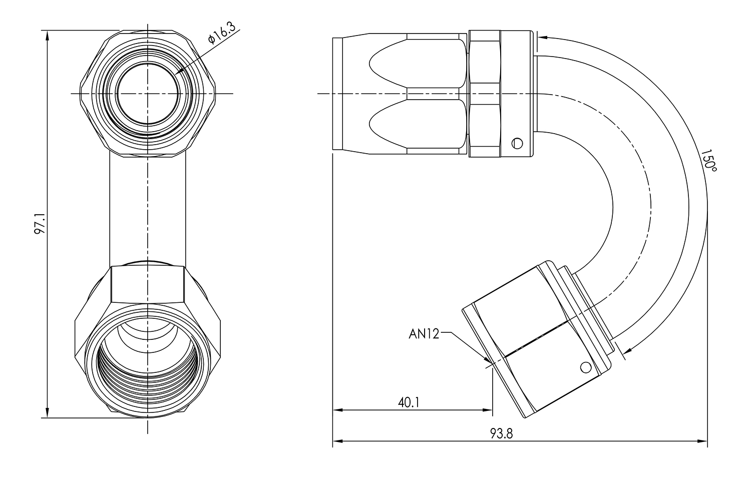 AN12 150° Swivel Seal Hose End Dimensioned Drawing