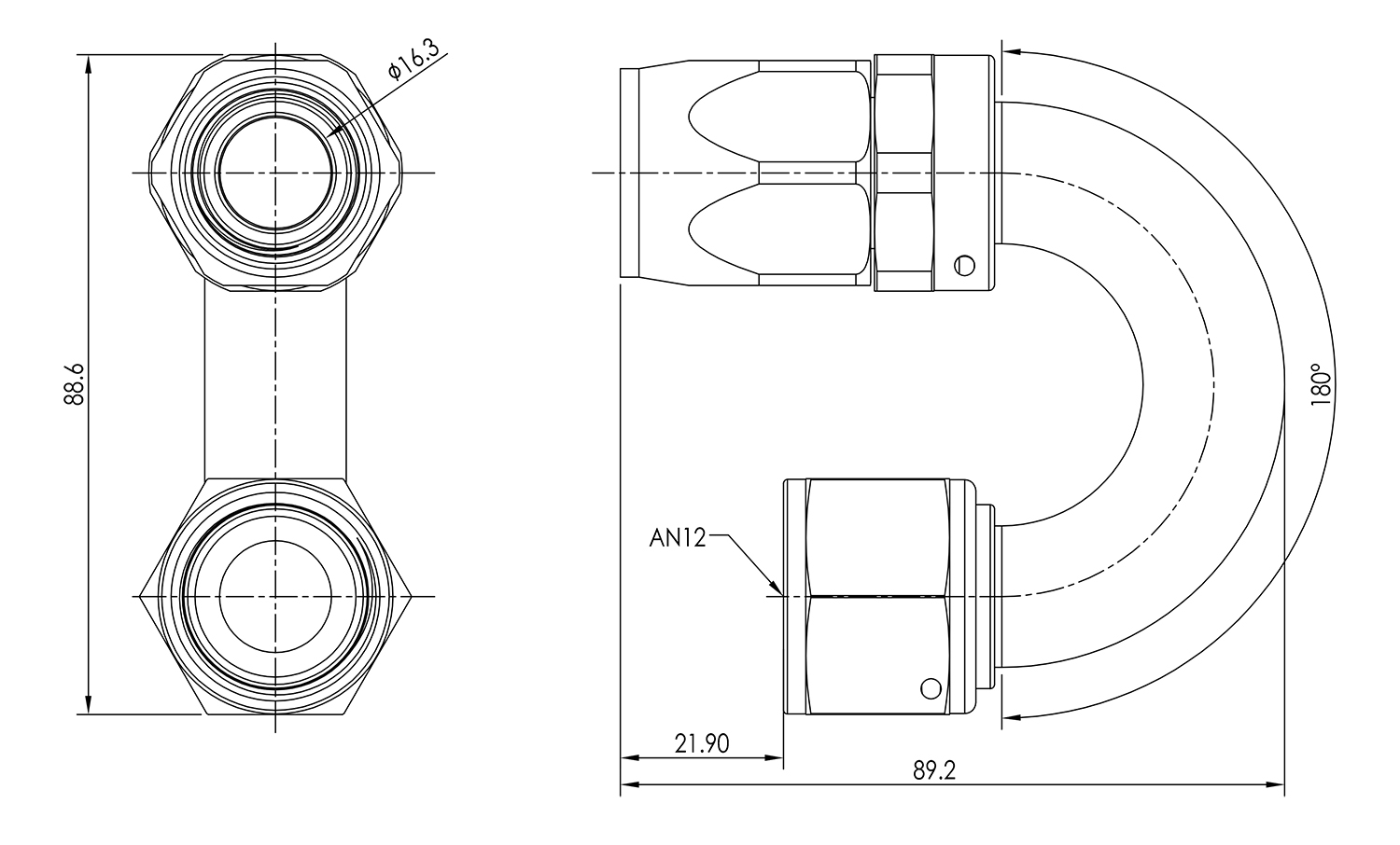 AN12 180° Swivel Seal Hose End Dimensioned Drawing