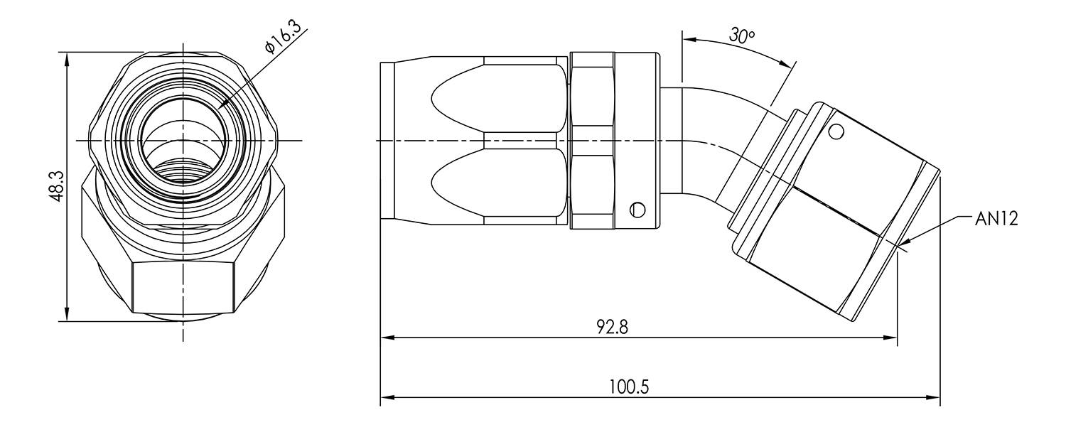 AN12 30° Swivel Seal Hose End Dimensioned Drawing
