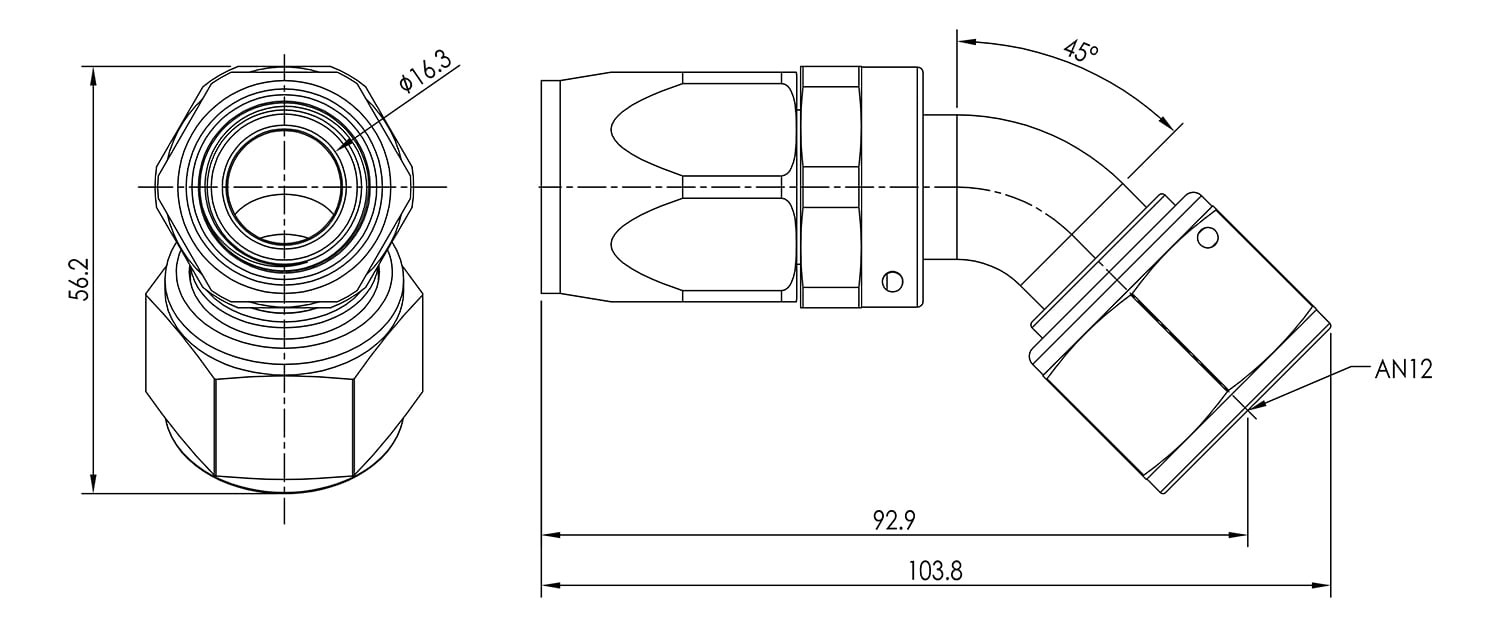 AN12 45° Swivel Seal Hose End Dimensioned Drawing