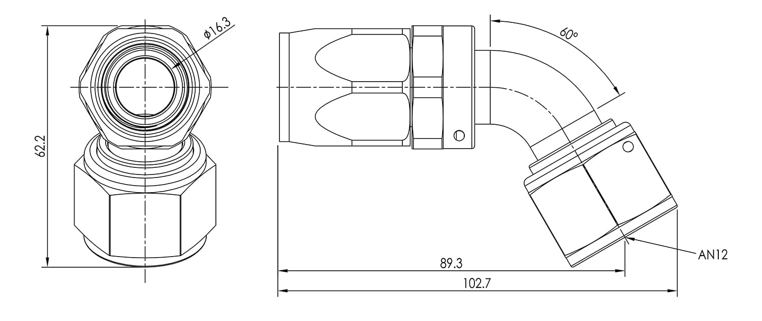 AN12 60° Swivel Seal Hose End Dimensioned Drawing