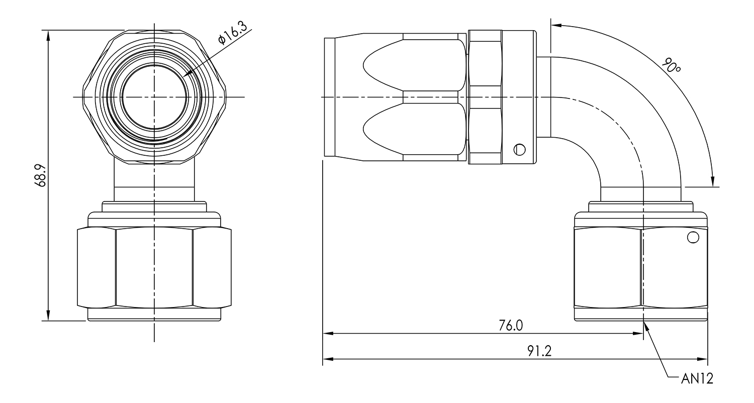 AN12 90° Swivel Seal Hose End Dimensioned Drawing