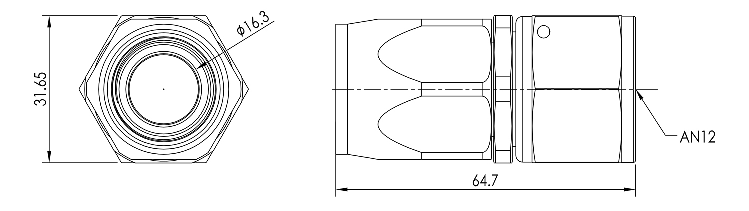 AN12 Straight Swivel Seal Hose End Dimensioned Drawing
