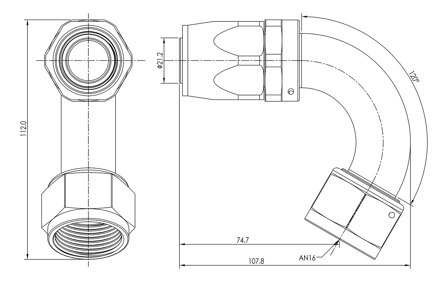 AN16 120° Swivel Seal Hose End Dimensioned Drawing