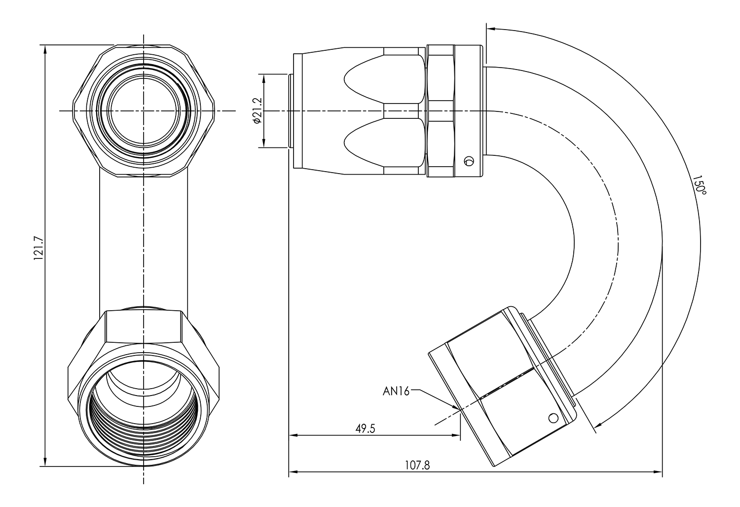 AN16 150° Swivel Seal Hose End Dimensioned Drawing