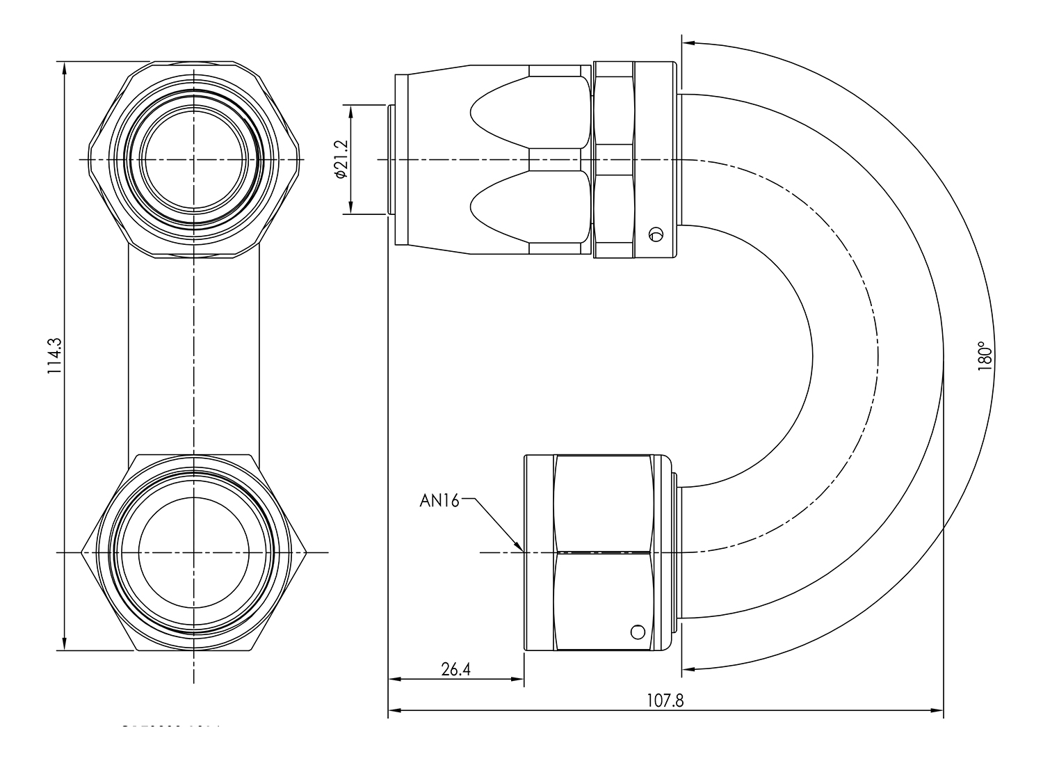 AN16 180° Swivel Seal Hose End Dimensioned Drawing