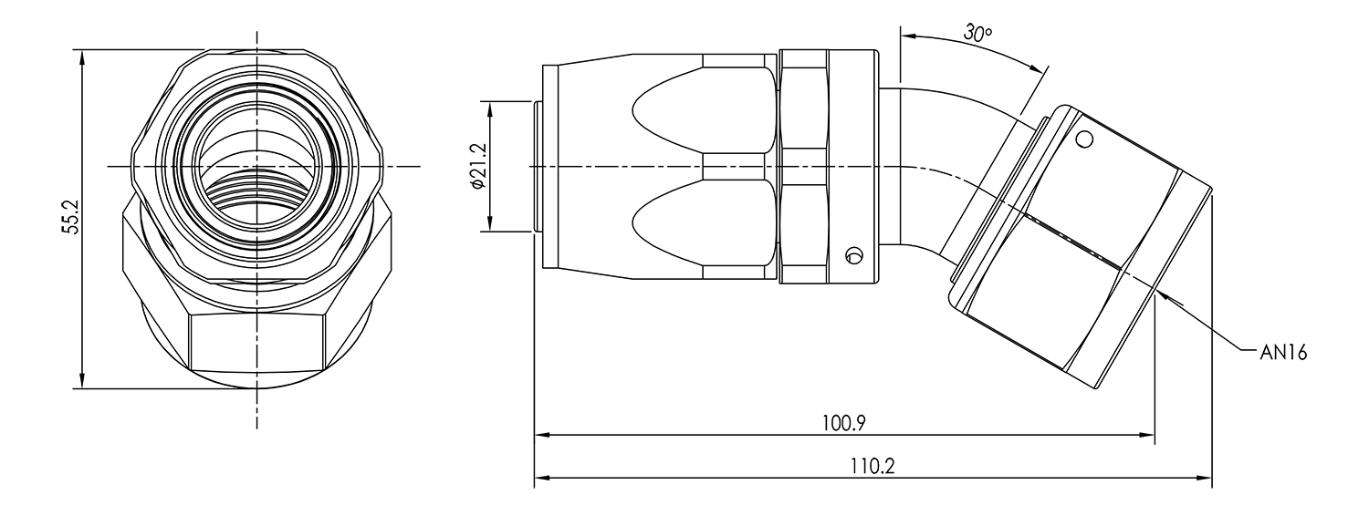 AN16 30° Swivel Seal Hose End Dimensioned Drawing
