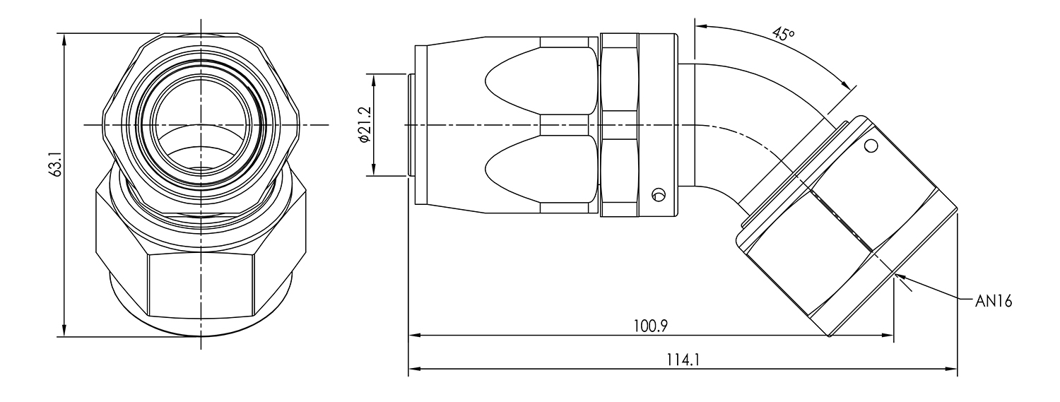 AN16 45° Swivel Seal Hose End Dimensioned Drawing