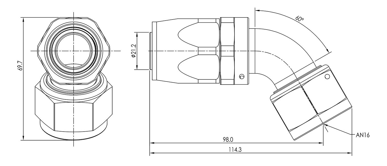 AN16 60° Swivel Seal Hose End Dimensioned Drawing