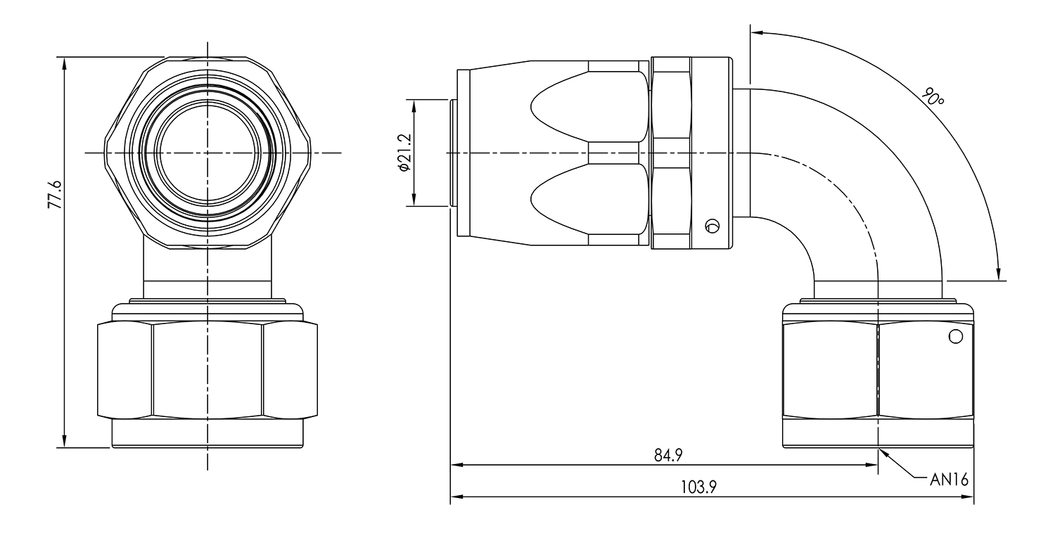 AN16 90° Swivel Seal Hose End Dimensioned Drawing