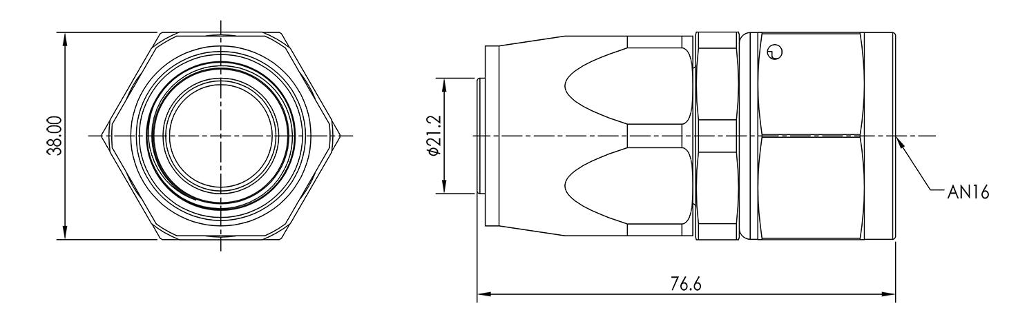 AN16 Straight Swivel Seal Hose End Dimensioned Drawing